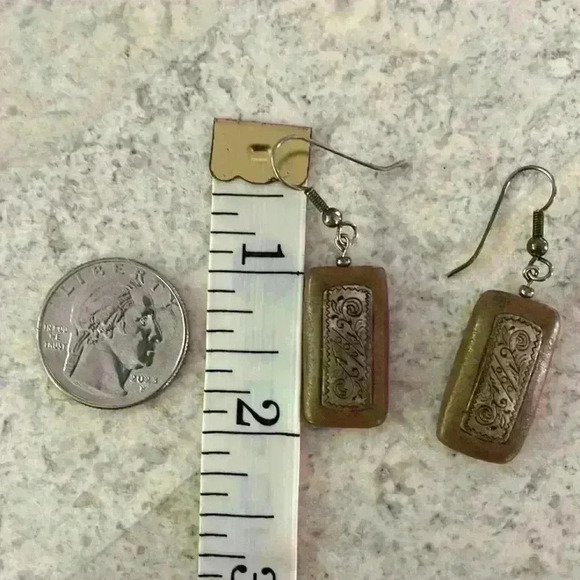 Rustic Silver and Brown Rectangle Earrings - Picture 4 of 6